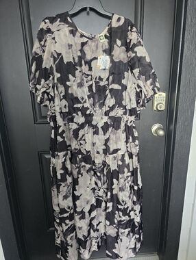 Anne Klein Plus Sz 3X Black Floral Maxi Dress Puff Sleeve Elastic Waist Coastal